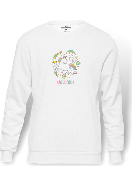 Unicorn Bring It On Unicorn With Baskılı Beyaz Erkek Örme Sweatshirt Uzun Kol