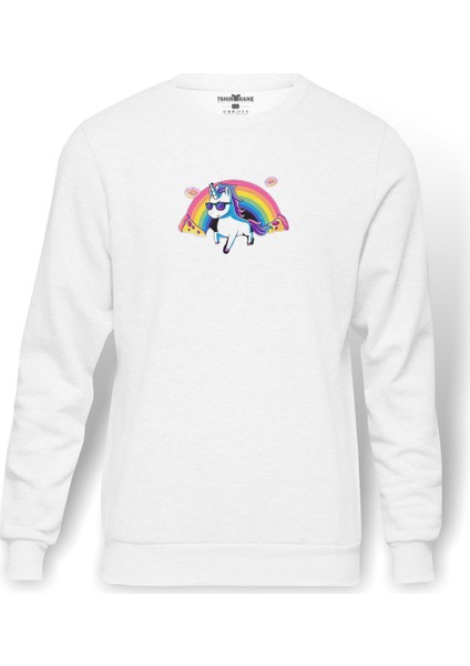 Unicorn Rainbow Baskılı Beyaz Erkek Örme Sweatshirt Uzun Kol