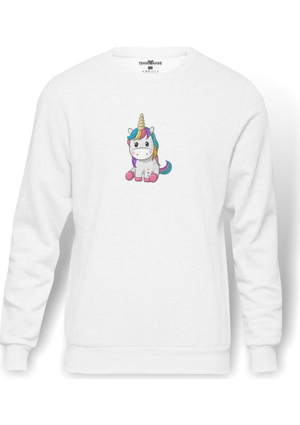 Unicorn Flower Baskılı Beyaz Erkek Örme Sweatshirt Uzun Kol