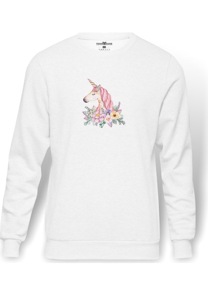 Unicorn Flower Unnamed Baskılı Beyaz Erkek Örme Sweatshirt Uzun Kol
