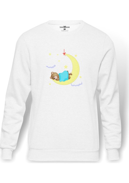 Uyuyan Boz Ayı Teddy Bear Iyi Baskılı Beyaz Erkek Örme Sweatshirt Uzun Kol