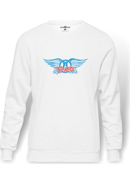 Aerosmith Hard Rock Rock And Roll Baskılı Beyaz Erkek Örme Sweatshirt Uzun Kol