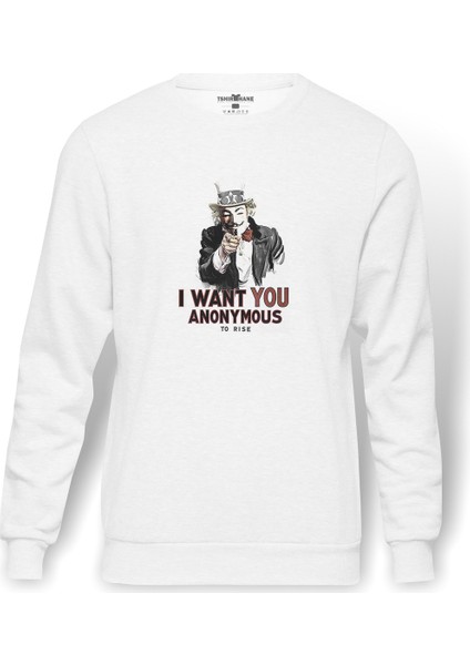 V For Vendetta I Want You Baskılı Beyaz Erkek Örme Sweatshirt Uzun Kol