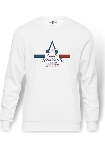 Assasin Creed Unity Baskılı Beyaz Erkek Örme Sweatshirt Uzun Kol