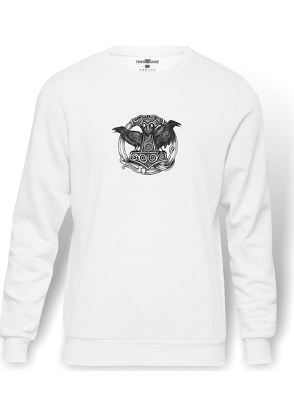 Viking Mitolojisi Odin Raven Baskılı Beyaz Erkek Örme Sweatshirt Uzun Kol