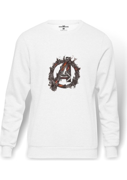 Avengers Logo Baskılı Beyaz Erkek Örme Sweatshirt Uzun Kol
