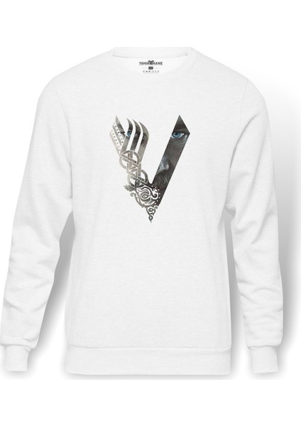 Vikings V Logo Baskılı Beyaz Erkek Örme Sweatshirt Uzun Kol