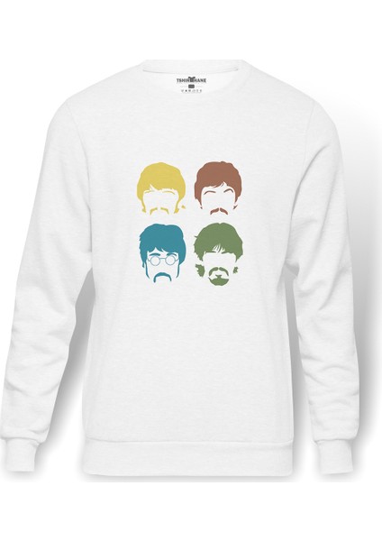 Beatles 1 Baskılı Beyaz Erkek Örme Sweatshirt Uzun Kol