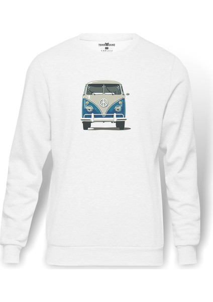 Volkswagen Tip 2 Volkswagen Beetle Van Baskılı Beyaz Erkek Örme Sweatshirt Uzun Kol