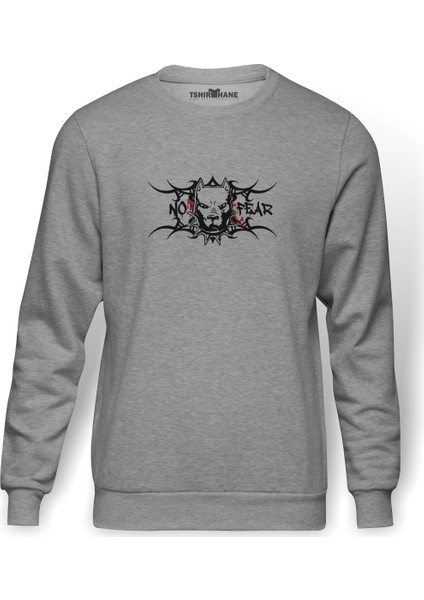 No Fear Pitbull Baskılı Gri Erkek Örme Sweatshirt Uzun Kol