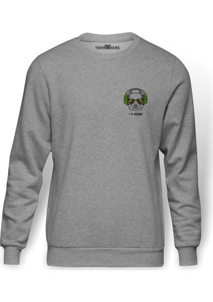 Panda I Love Music Göğüs Baskılı Gri Erkek Örme Sweatshirt Uzun Kol