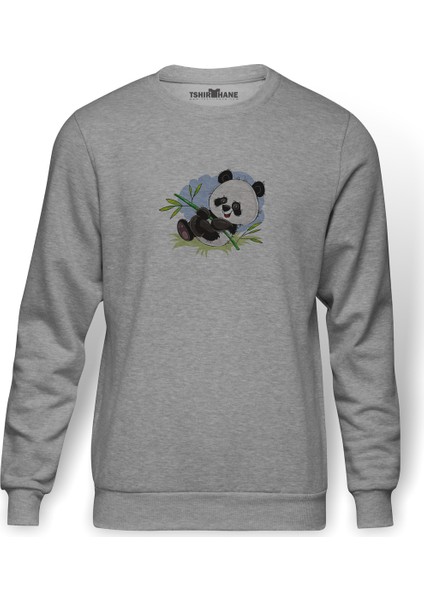 Panda Baskılı Gri Erkek Örme Sweatshirt Uzun Kol