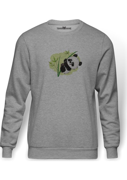 Panda Baskılı Gri Erkek Örme Sweatshirt Uzun Kol