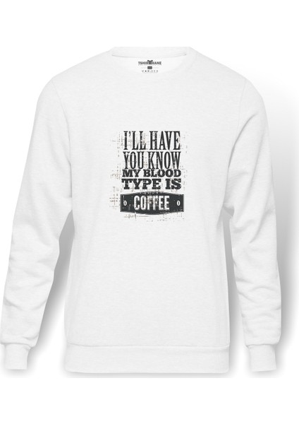 Coffee Baskılı Beyaz Erkek Örme Sweatshirt Uzun Kol