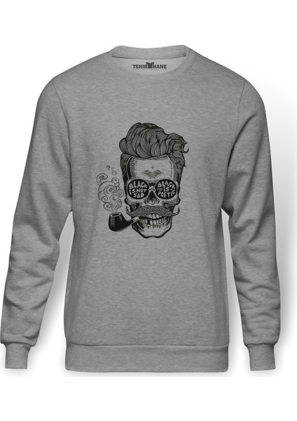 Pipolu Kurukafa Baskılı Gri Erkek Örme Sweatshirt Uzun Kol