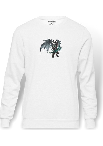 World Of Warcraft Illidan Stormrage Baskılı Beyaz Erkek Örme Sweatshirt Uzun Kol