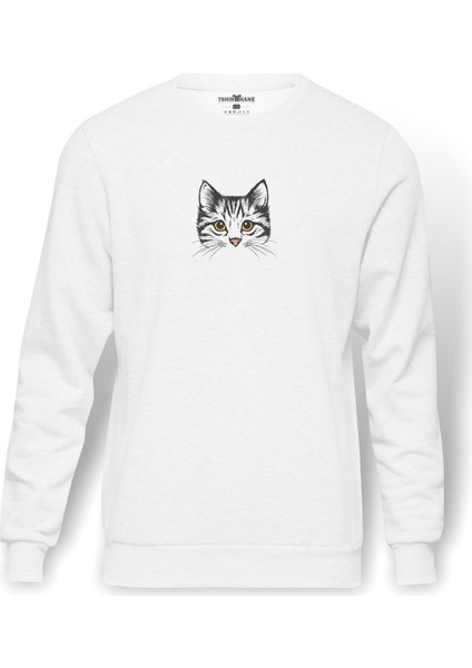 Yavru Kedi Dijital Illüstrasyon Kedi Yavru Baskılı Beyaz Erkek Örme Sweatshirt Uzun Kol