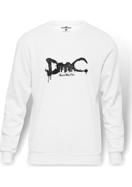 Dmc Devil May Cry Logo Baskılı Beyaz Erkek Örme Sweatshirt Uzun Kol