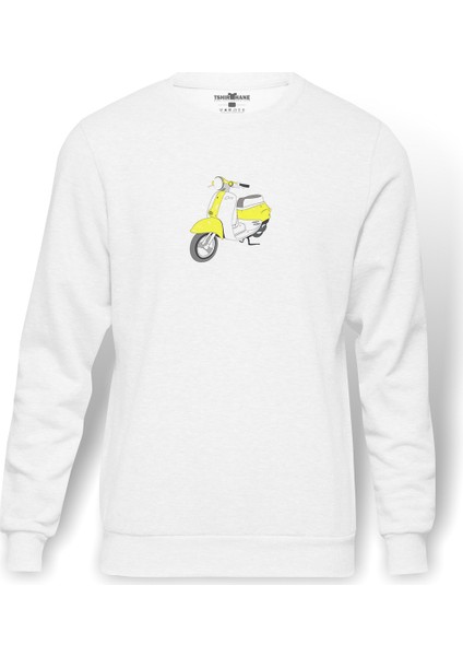 Yellow White Retro Scooter Baskılı Beyaz Erkek Örme Sweatshirt Uzun Kol