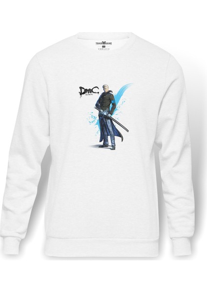 Dmc Vergil Devil May Cry Baskılı Beyaz Erkek Örme Sweatshirt Uzun Kol