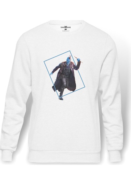 Yenilmez Yondu Galaxy Baskılı Beyaz Erkek Örme Sweatshirt Uzun Kol