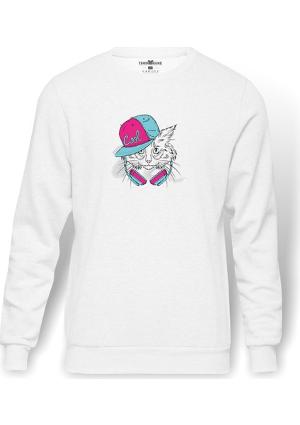 Yeşil Gözlü Beyaz Kedi Pembe Ve Baskılı Beyaz Erkek Örme Sweatshirt Uzun Kol
