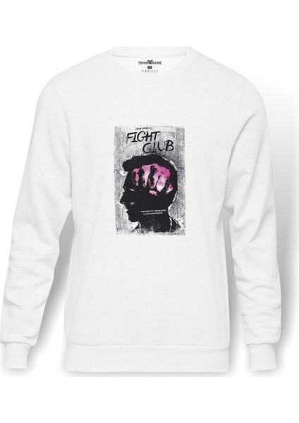 Fight Club Baskılı Beyaz Erkek Örme Sweatshirt Uzun Kol