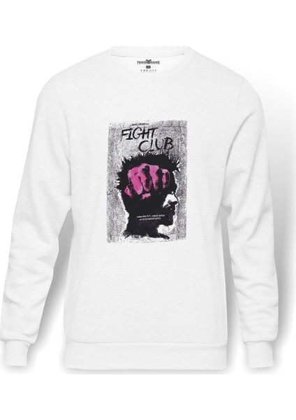 Fight Club Baskılı Beyaz Erkek Örme Sweatshirt Uzun Kol