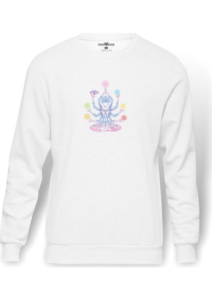 Yoga Çakra Person Meditating Baskılı Beyaz Erkek Örme Sweatshirt Uzun Kol