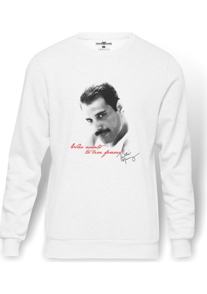 Freddie Mercury 2 Baskılı Beyaz Erkek Örme Sweatshirt Uzun Kol