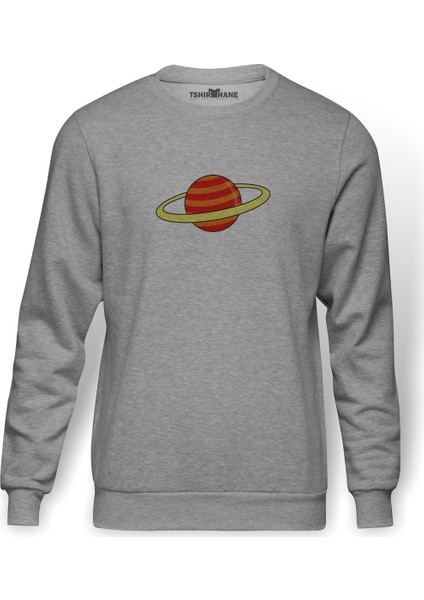 Saturn Baskılı Gri Erkek Örme Sweatshirt Uzun Kol