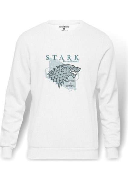 Game Of Thrones Baskılı Beyaz Erkek Örme Sweatshirt Uzun Kol
