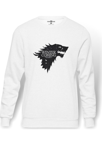 Game Of Thrones Baskılı Beyaz Erkek Örme Sweatshirt Uzun Kol