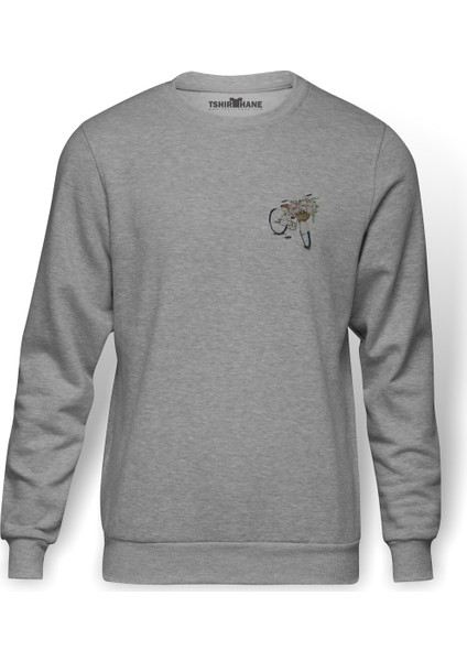 Sepetli Bisiklet Göğüs Baskılı Gri Erkek Örme Sweatshirt Uzun Kol