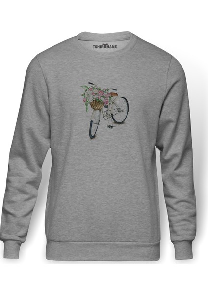 Sepetli Bisiklet Baskılı Gri Erkek Örme Sweatshirt Uzun Kol