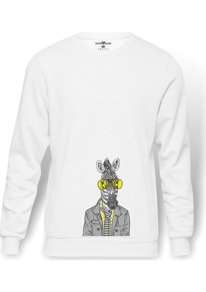 Zebra Potikare Zebra Ceket Ve Güneş Baskılı Beyaz Erkek Örme Sweatshirt Uzun Kol