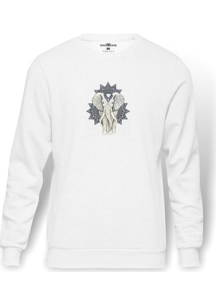 Zentangle Elephants Etnik Desenli Fil Baskılı Beyaz Erkek Örme Sweatshirt Uzun Kol