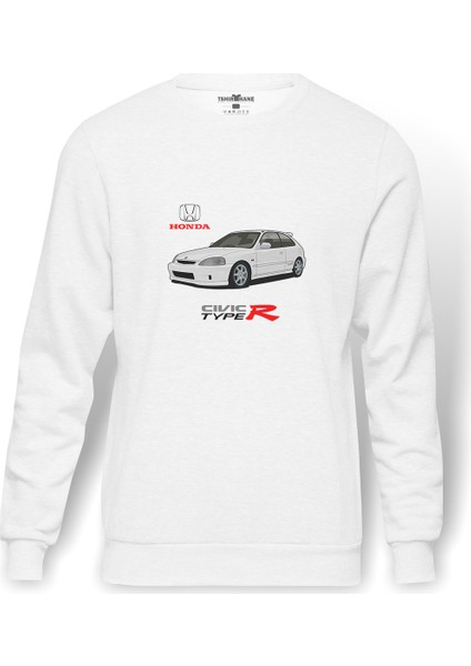 Araba Typer Baskılı Beyaz Erkek Örme Sweatshirt Uzun Kol