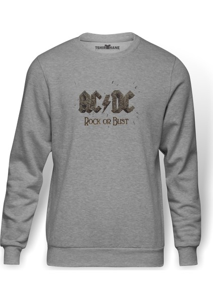 Ac Dc Rock Or Bust Logo Baskılı Gri Erkek Örme Sweatshirt Uzun Kol