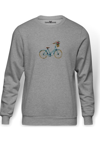Sulu Boya Mavi Bisiklet Baskılı Gri Erkek Örme Sweatshirt Uzun Kol