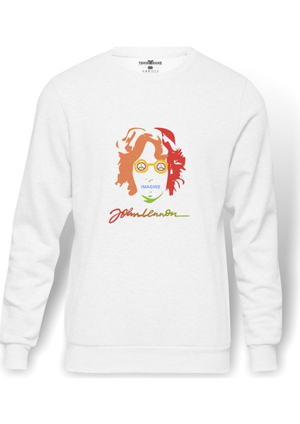 John Lennon Baskılı Beyaz Erkek Örme Sweatshirt Uzun Kol