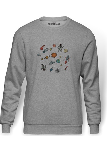 Uzay Astronomi Çocuk Baskılı Gri Erkek Örme Sweatshirt Uzun Kol
