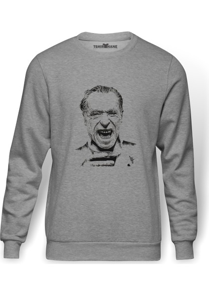Charles Bukowski Baskılı Gri Erkek Örme Sweatshirt Uzun Kol
