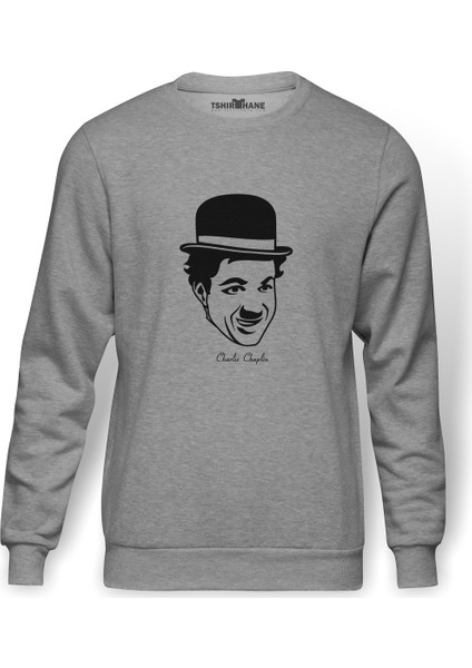 Charlie Chaplin Baskılı Gri Erkek Örme Sweatshirt Uzun Kol