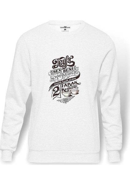 Leyla Sev Beni Baskılı Beyaz Erkek Örme Sweatshirt Uzun Kol