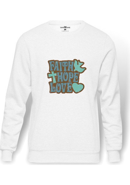 Love Hope Faith Baskılı Beyaz Erkek Örme Sweatshirt Uzun Kol