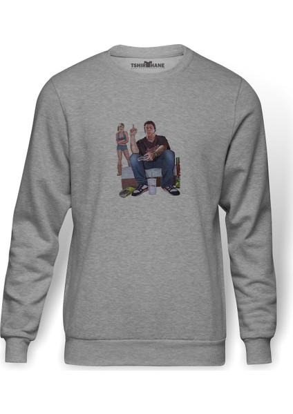 Gta V Jimmy De Santa Baskılı Gri Erkek Örme Sweatshirt Uzun Kol
