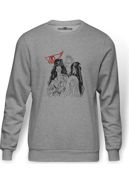 Aerosmith Hard Rock Rock And Roll Baskılı Gri Erkek Örme Sweatshirt Uzun Kol