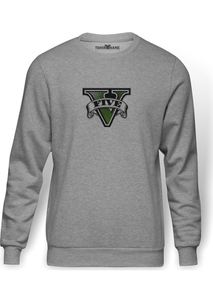 Gta V Logo Baskılı Gri Erkek Örme Sweatshirt Uzun Kol