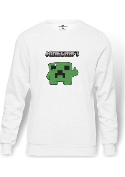 Mine Craft Baskılı Beyaz Erkek Örme Sweatshirt Uzun Kol